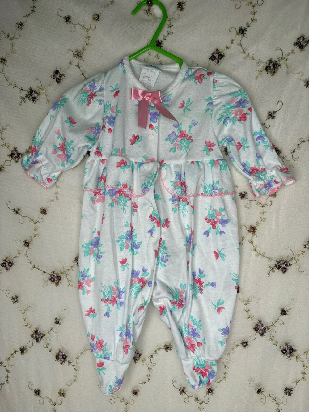 White Floral Baby Footed Vintage Sleeper with Pink Bow